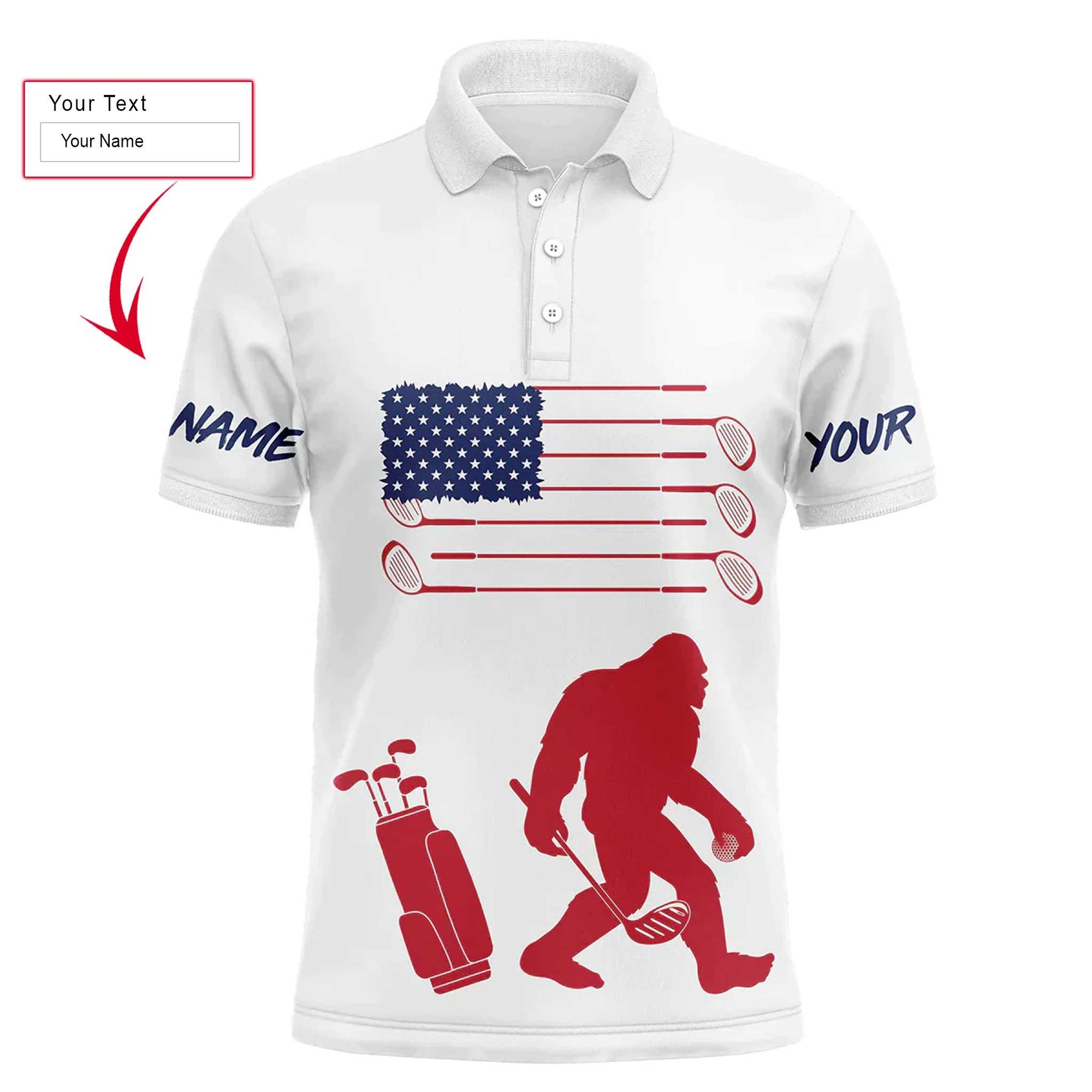 Custom Golf Men Polo Shirt, Bigfoot Golf Custom Name Men Polo Shirt,Custom Name American Flag Bigfoot Patriotic Polo Shirt- Perfect Polo Shirt For Men - Amzanimalsgift