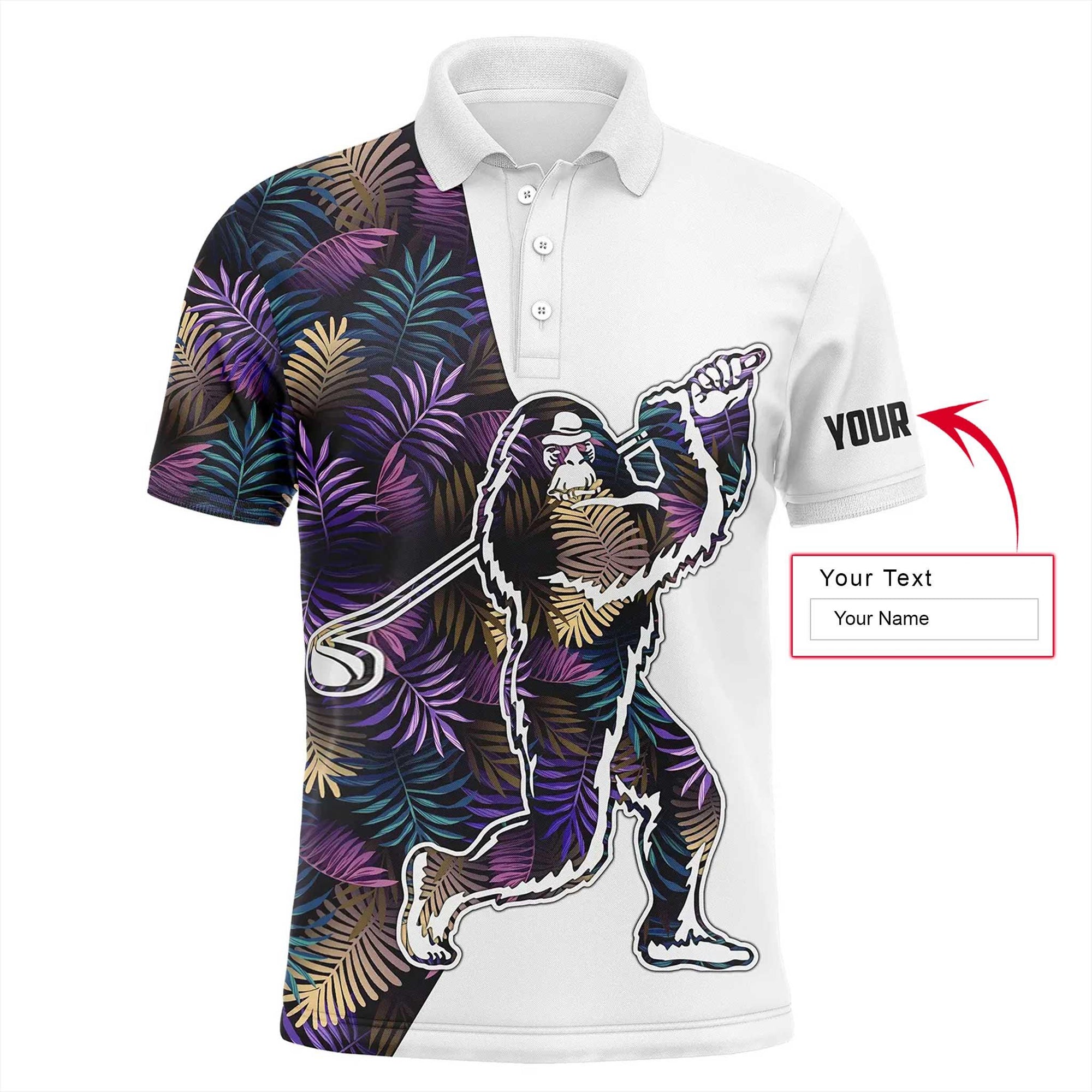 Custom Golf Men Polo Shirt, Bigfoot Golf Custom Name Men Polo Shirt,Funny Colorful Tropical Leaves Pattern Polo Shirt - Perfect Polo Shirt For Men, Golfers - Amzanimalsgift