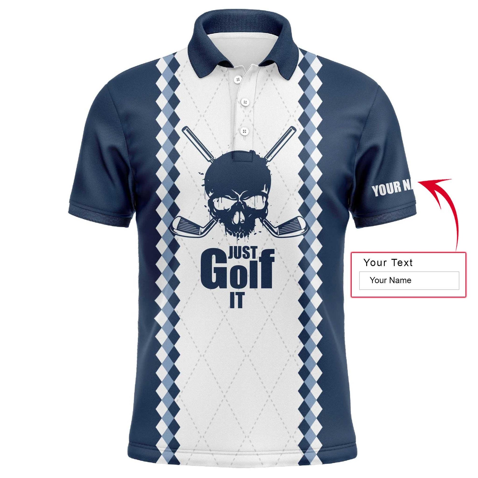 Custom Golf Men Polo Shirt - Blue And White Golf Skull Custom Name Apparel, Just Golf It Men Golf Polo Shirt - Perfect Polo Shirt For Men, Golfers - Amzanimalsgift