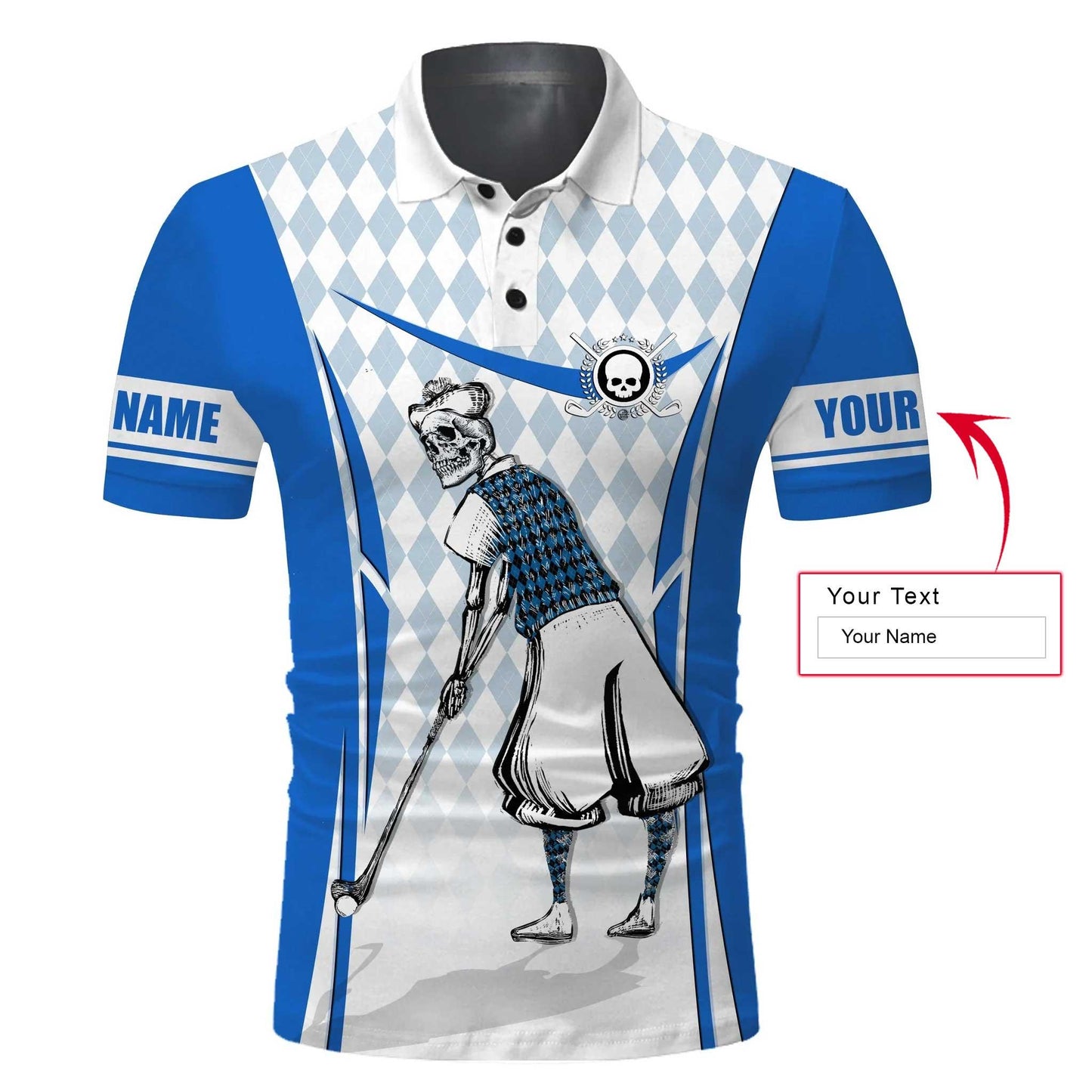 Personalized Name Golf Long Sleeve Polo Shirt Blue Argyle Pattern Skull Men Golf Apparel, Perfect Outfit For Men, Golfers, Golf Lovers, Team
