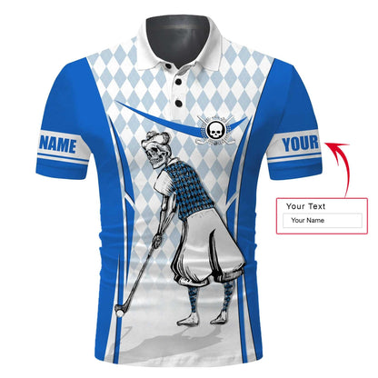 Personalized Name Golf Long Sleeve Polo Shirt Blue Argyle Pattern Skull Men Golf Apparel, Perfect Outfit For Men, Golfers, Golf Lovers, Team