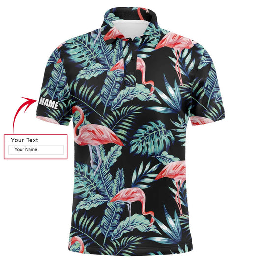 Custom Golf Men Polo Shirt - Blue Forest Jungle Pattern Pink Flamingo Custom Name Apparel Men Golf Polo Shirt - Perfect Polo Shirt For Men, Golfers - Amzanimalsgift
