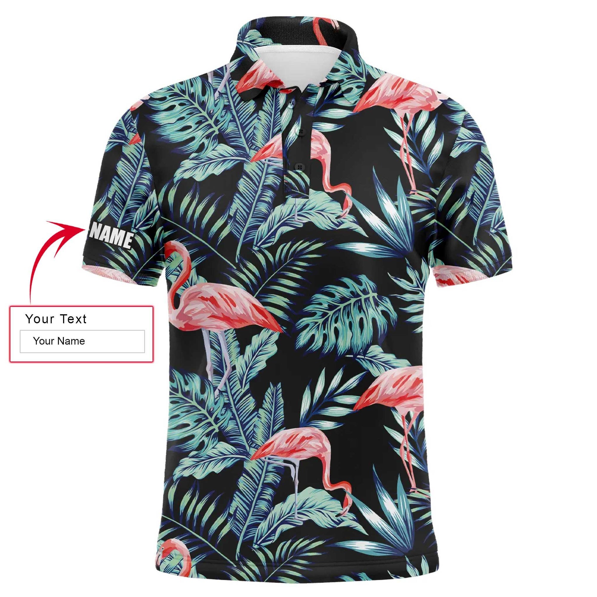 Custom Golf Men Polo Shirt - Blue Forest Jungle Pattern Pink Flamingo Custom Name Apparel Men Golf Polo Shirt - Perfect Polo Shirt For Men, Golfers - Amzanimalsgift