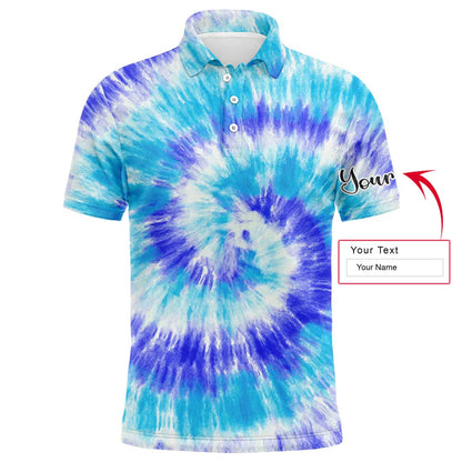 Custom Golf Men Polo Shirt - Blue Turquoise Tie Dye Background Custom Name Golf Men Polo Shirt - Perfect Polo Shirt For Men, Golfers - Amzanimalsgift