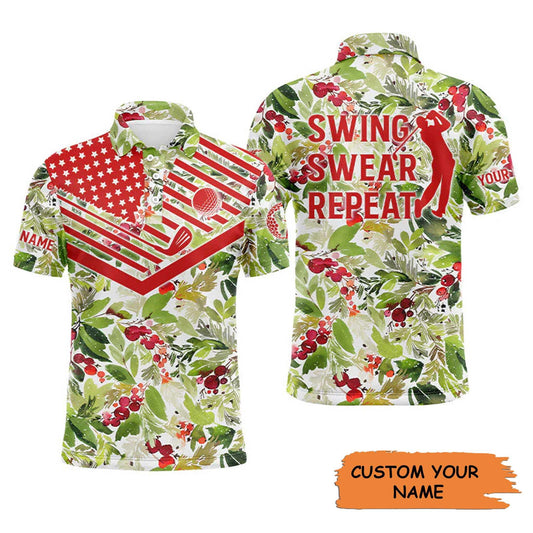 Custom Golf Men Polo Shirt - Christmas Pattern American Flag Custom Name Black, Swing Swear Repeat Men Golf Polo Shirt- Perfect Polo Shirt For Men - Amzanimalsgift