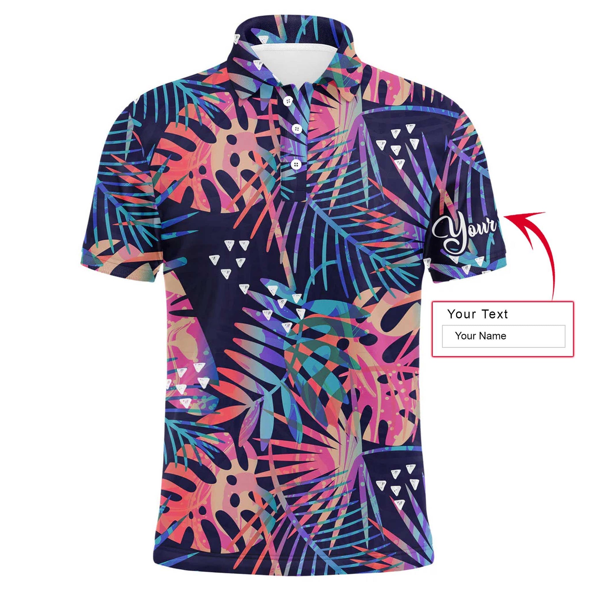 Custom Golf Men Polo Shirt - Colorful Tropical Plants And Palm Leaves Custom Name Golf Men Polo Shirt - Perfect Polo Shirt For Men, Golfers - Amzanimalsgift