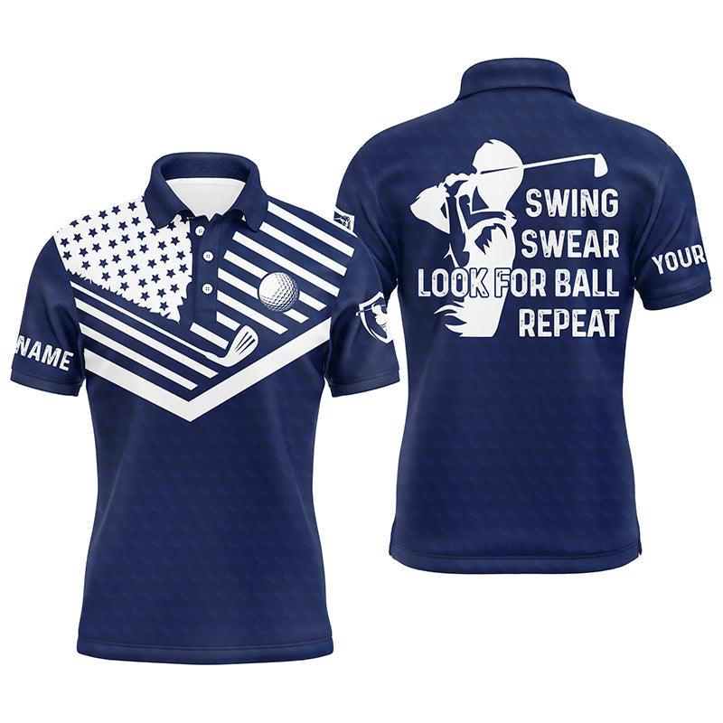 Custom Golf Men Polo Shirt - Custom Name American Flag Apparel - Swing Swear Look For Ball Repeat Men Golf Polo Shirt- Perfect Polo Shirt For Men - Amzanimalsgift
