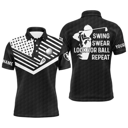 Custom Golf Men Polo Shirt - Custom Name American Flag Apparel - Swing Swear Look For Ball Repeat Men Golf Polo Shirt- Perfect Polo Shirt For Men - Amzanimalsgift