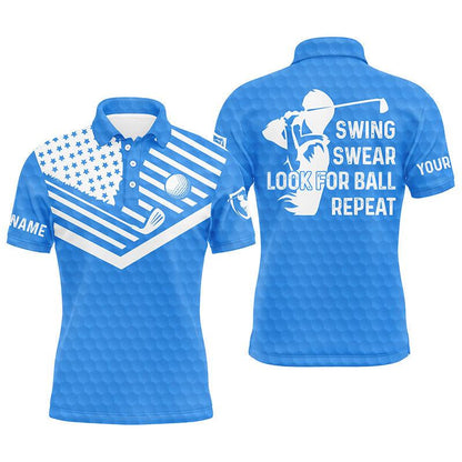 Custom Golf Men Polo Shirt - Custom Name American Flag Apparel - Swing Swear Look For Ball Repeat Men Golf Polo Shirt- Perfect Polo Shirt For Men - Amzanimalsgift