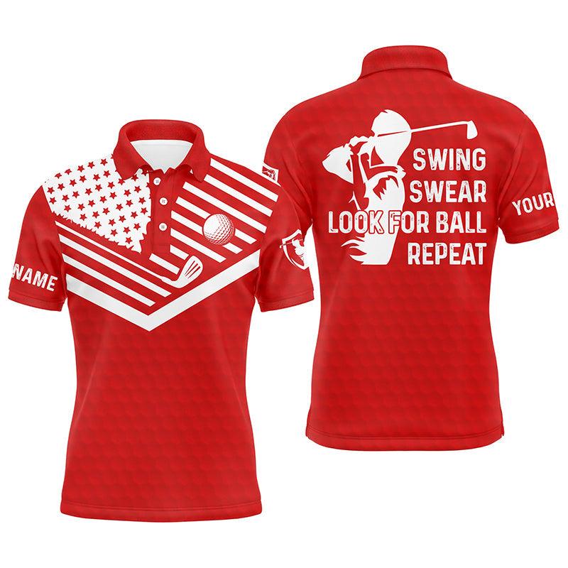Custom Golf Men Polo Shirt - Custom Name American Flag Apparel - Swing Swear Look For Ball Repeat Men Golf Polo Shirt- Perfect Polo Shirt For Men - Amzanimalsgift