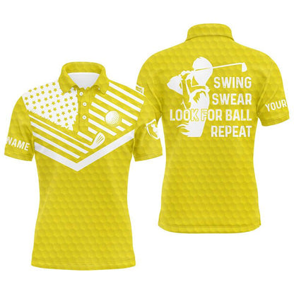 Custom Golf Men Polo Shirt - Custom Name American Flag Apparel - Swing Swear Look For Ball Repeat Men Golf Polo Shirt- Perfect Polo Shirt For Men - Amzanimalsgift