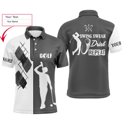 Custom Golf Men Polo Shirt - Custom Name Black White Apparel,Black White Swing Swear Drink Repeat Men Golf Polo Shirt- Perfect Polo Shirt For Men - Amzanimalsgift