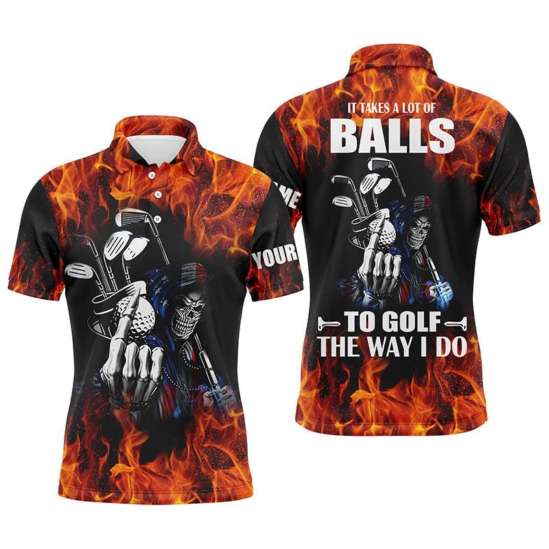 Custom Golf Men Polo Shirt - Custom Name Flame Skull Apparel, It Takes A Lot Of Balls To Golf The Way I Do Men Golf Polo Shirt - Perfect Polo Shirt For Men - Amzanimalsgift