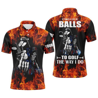 Custom Golf Men Polo Shirt - Custom Name Flame Skull Apparel, It Takes A Lot Of Balls To Golf The Way I Do Men Golf Polo Shirt - Perfect Polo Shirt For Men - Amzanimalsgift