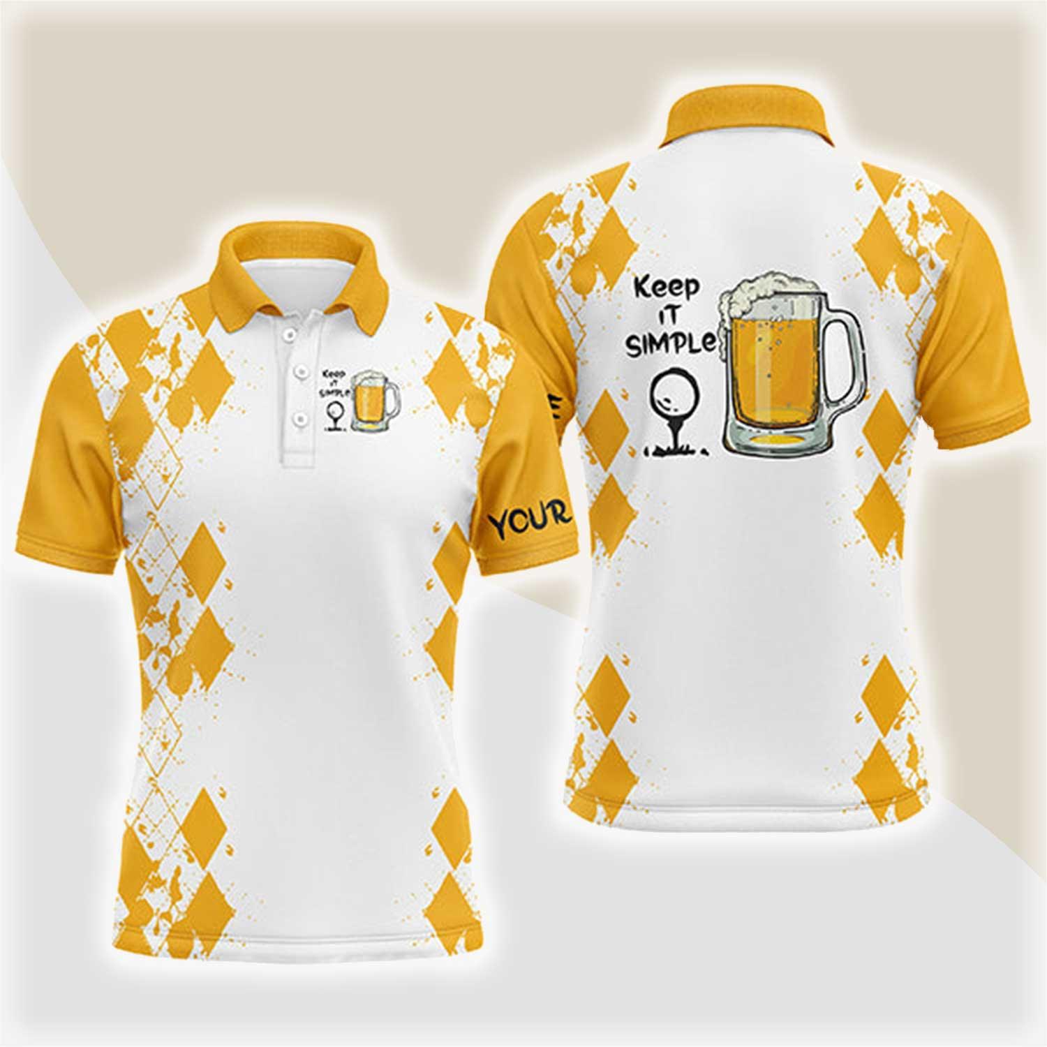 Custom Golf Men Polo Shirt - Custom Name White Yellow Argyle Pattern Apparel - Keep It Simple Golf Polo Shirt - Perfect Polo Shirt For Men, Golfers - Amzanimalsgift