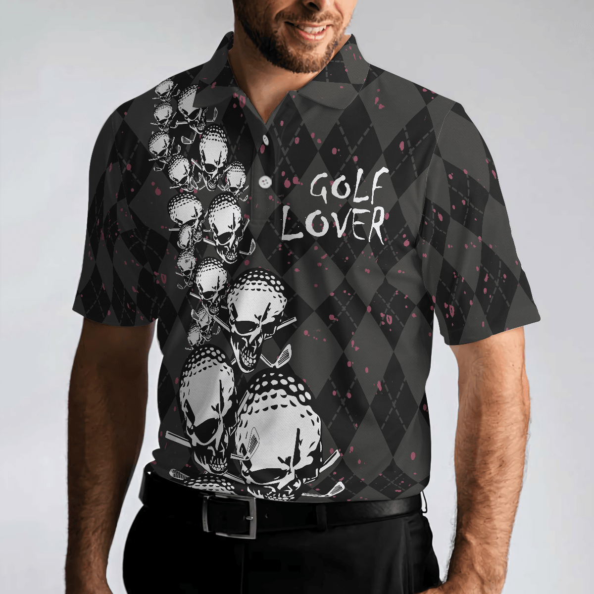 Custom Golf Men Polo Shirt - Elegant Argyle Pattern And Skull Golf Lover Polo Shirt Men Golf Polo Shirt - Perfect Polo Shirt For Men, Golfers - Amzanimalsgift