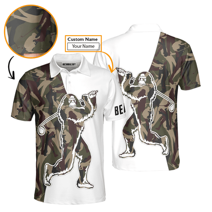 Custom Golf Men Polo Shirt - Funny Bigfoot Golf Polo Shirts, Camo Pattern Custom Name Sasquatch Playing Golf Apparel - Perfect Polo Shirt For Men - Amzanimalsgift