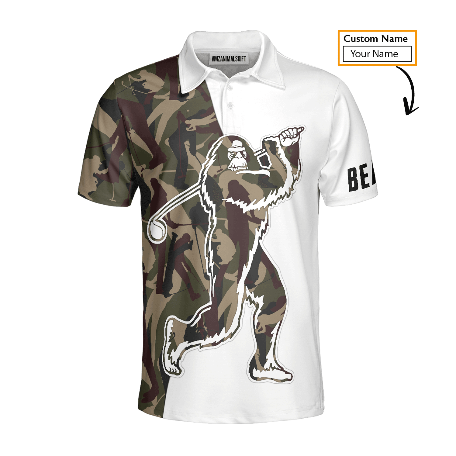 Custom Golf Men Polo Shirt - Funny Bigfoot Golf Polo Shirts, Camo Pattern Custom Name Sasquatch Playing Golf Apparel - Perfect Polo Shirt For Men - Amzanimalsgift