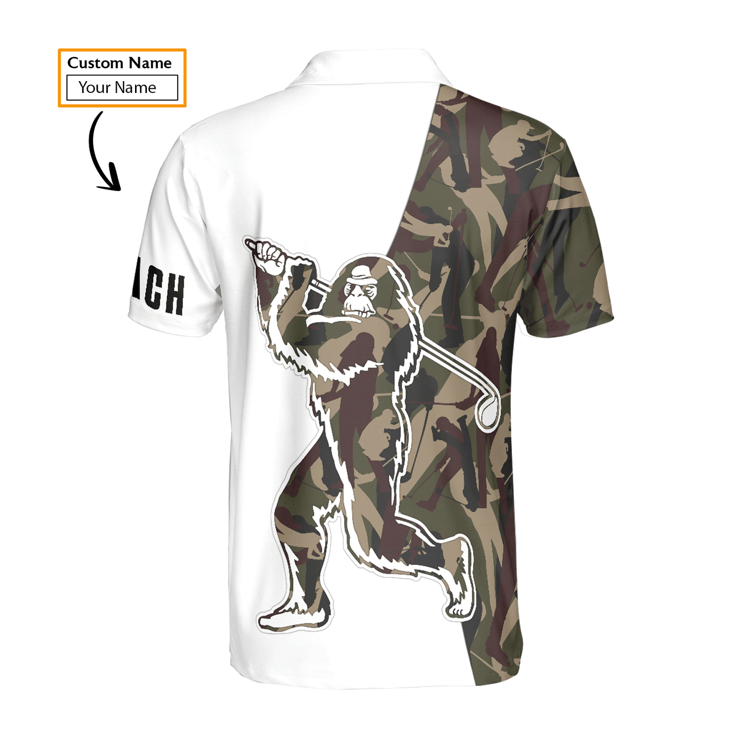 Custom Golf Men Polo Shirt - Funny Bigfoot Golf Polo Shirts, Camo Pattern Custom Name Sasquatch Playing Golf Apparel - Perfect Polo Shirt For Men - Amzanimalsgift