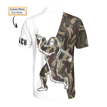 Custom Golf Men Polo Shirt - Funny Bigfoot Golf Polo Shirts, Camo Pattern Custom Name Sasquatch Playing Golf Apparel - Perfect Polo Shirt For Men - Amzanimalsgift