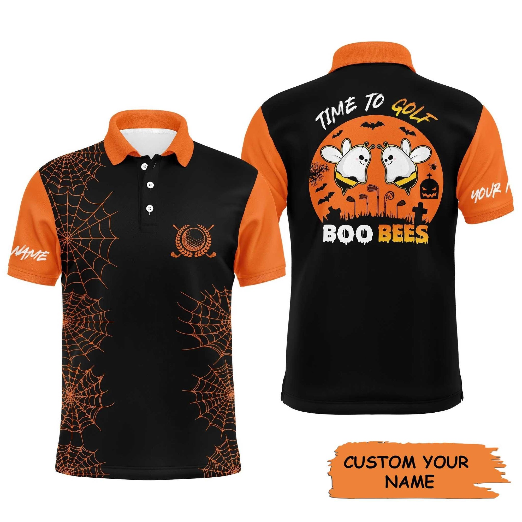 Custom Golf Men Polo Shirt - Funny Black Orange Halloween Golf Polo Shirts, Time To Golf Boo Bees Men Polo Shirt - Perfect Polo Shirt For Men - Amzanimalsgift