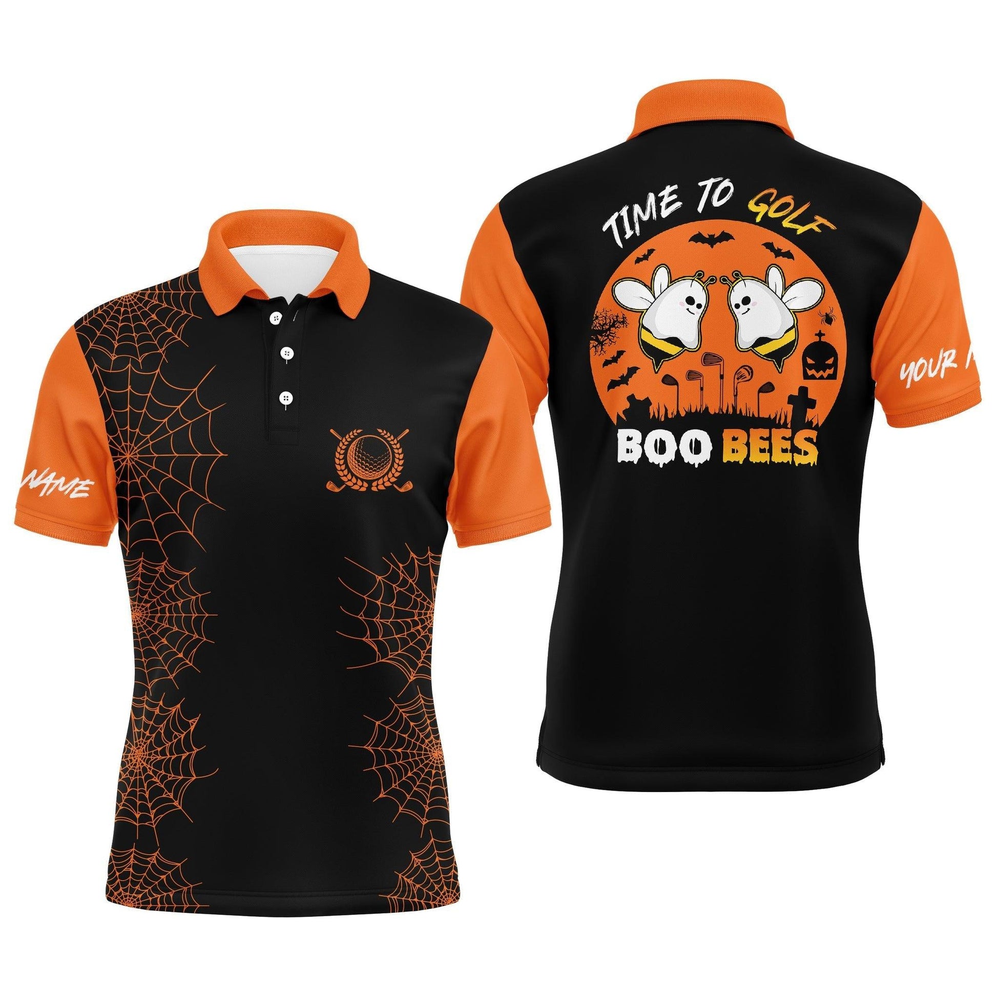 Custom Golf Men Polo Shirt - Funny Black Orange Halloween Golf Polo Shirts, Time To Golf Boo Bees Men Polo Shirt - Perfect Polo Shirt For Men - Amzanimalsgift