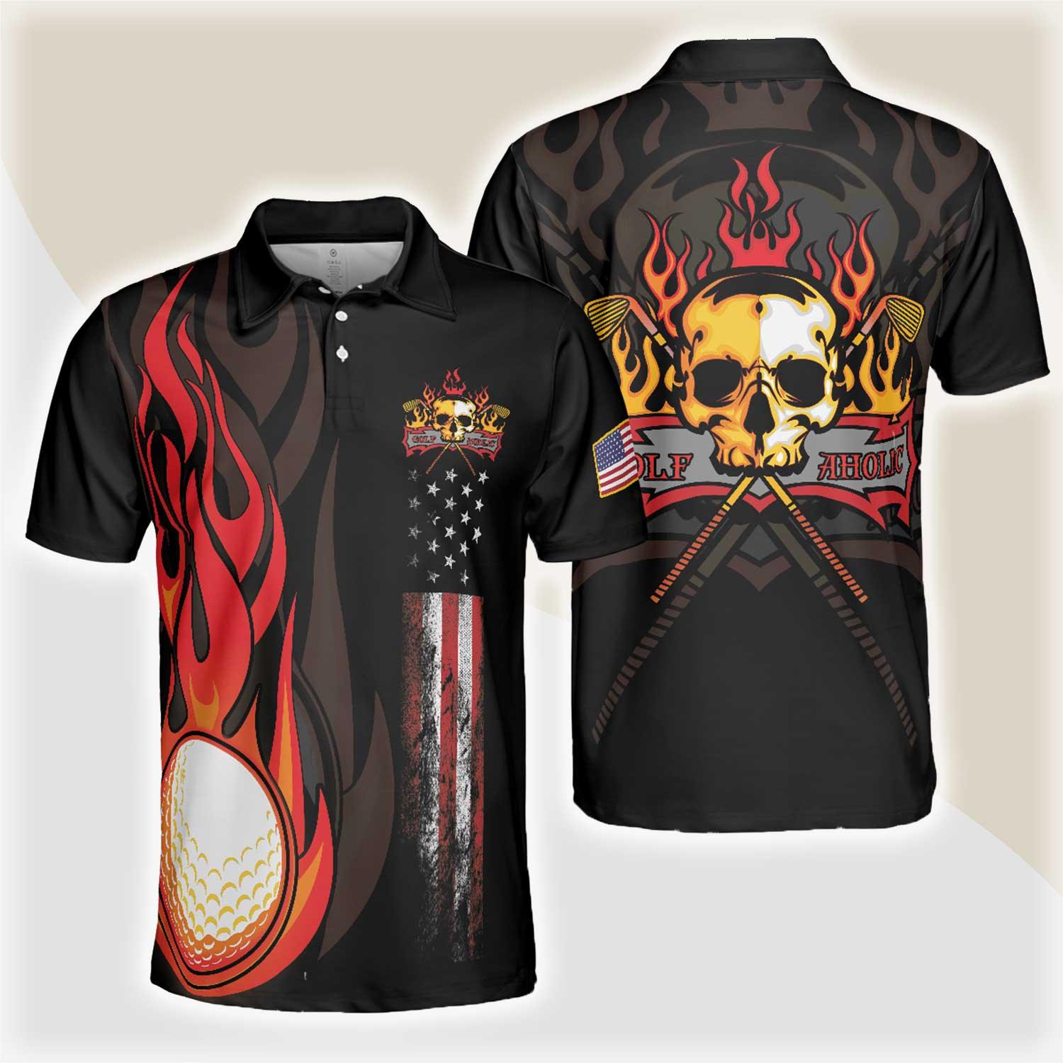 Custom Golf Men Polo Shirt - Golf Flame Skull Golf Men Polo Shirt, Black American Flag Golf Shirt For Men - Perfect Polo Shirt For Men, Golfers - Amzanimalsgift