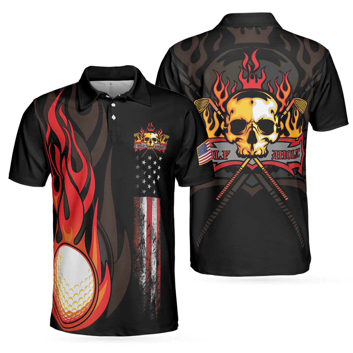Custom Golf Men Polo Shirt - Golf Flame Skull Golf Men Polo Shirt, Black American Flag Golf Shirt For Men - Perfect Polo Shirt For Men, Golfers - Amzanimalsgift