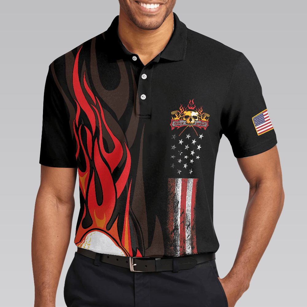 Custom Golf Men Polo Shirt - Golf Flame Skull Golf Men Polo Shirt, Black American Flag Golf Shirt For Men - Perfect Polo Shirt For Men, Golfers - Amzanimalsgift