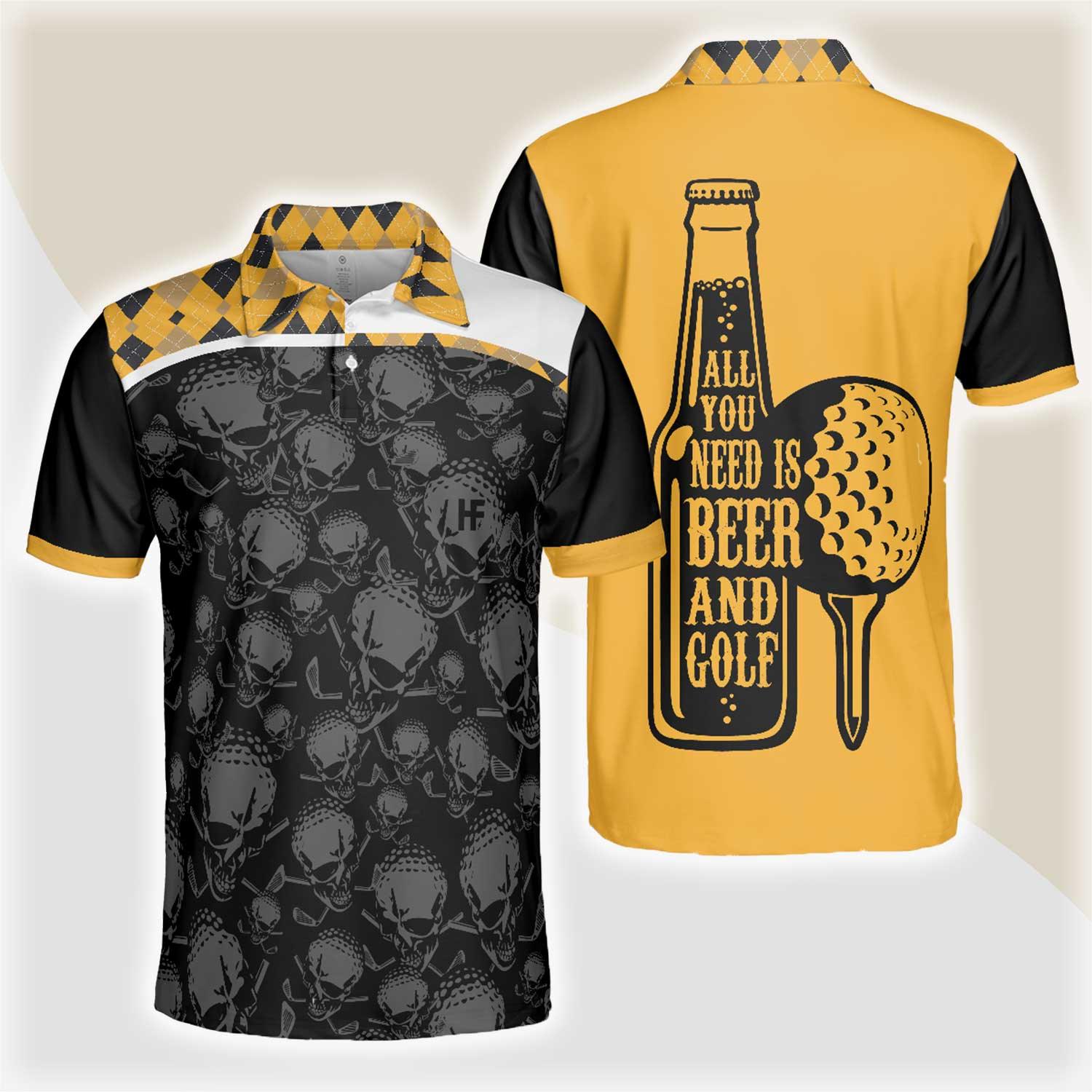Custom Golf Men Polo Shirt - Skull, All You Need Is Beer & Golf Polo Shirt, Black And Yellow Argyle Pattern Golf Shirt For Men, Golf Lovers - Amzanimalsgift