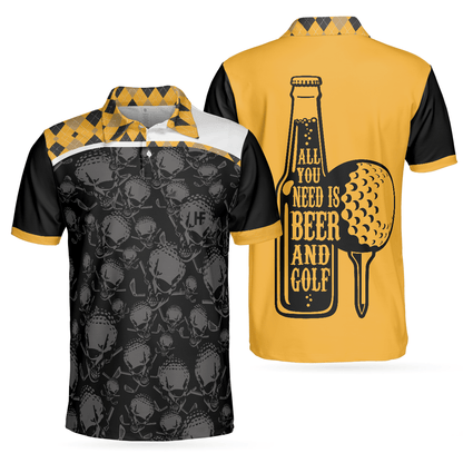 Custom Golf Men Polo Shirt - Skull, All You Need Is Beer & Golf Polo Shirt, Black And Yellow Argyle Pattern Golf Shirt For Men, Golf Lovers - Amzanimalsgift