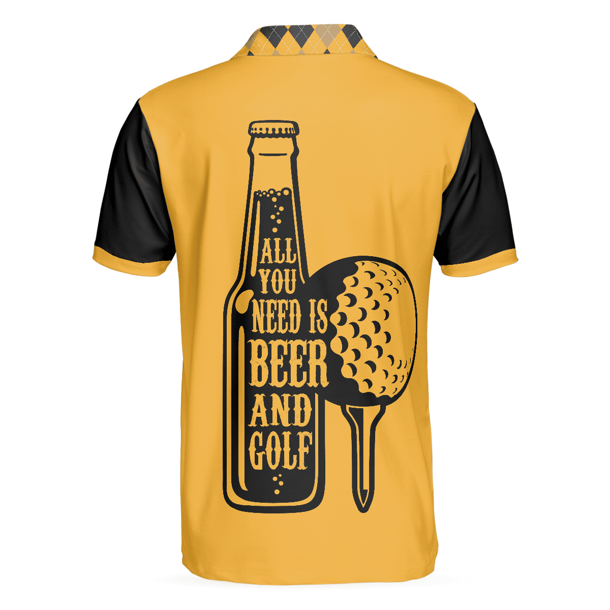 Custom Golf Men Polo Shirt - Skull, All You Need Is Beer & Golf Polo Shirt, Black And Yellow Argyle Pattern Golf Shirt For Men, Golf Lovers - Amzanimalsgift