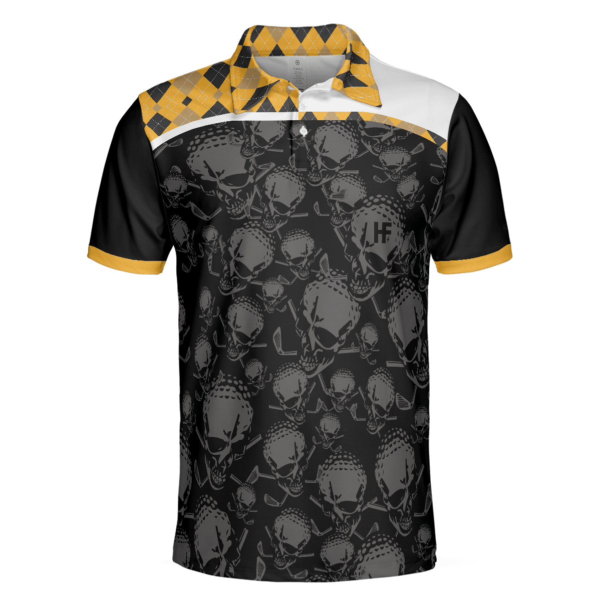 Custom Golf Men Polo Shirt - Skull, All You Need Is Beer & Golf Polo Shirt, Black And Yellow Argyle Pattern Golf Shirt For Men, Golf Lovers - Amzanimalsgift