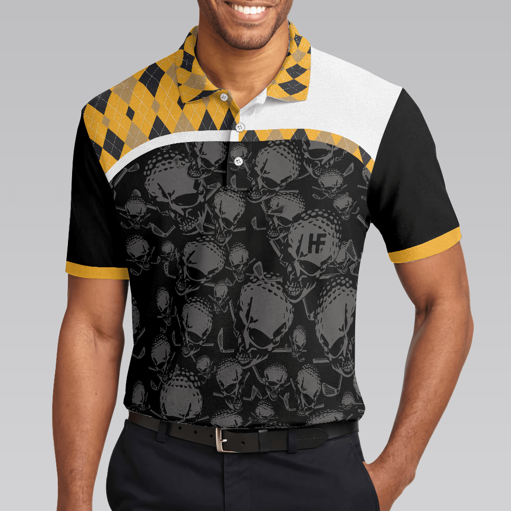 Custom Golf Men Polo Shirt - Skull, All You Need Is Beer & Golf Polo Shirt, Black And Yellow Argyle Pattern Golf Shirt For Men, Golf Lovers - Amzanimalsgift