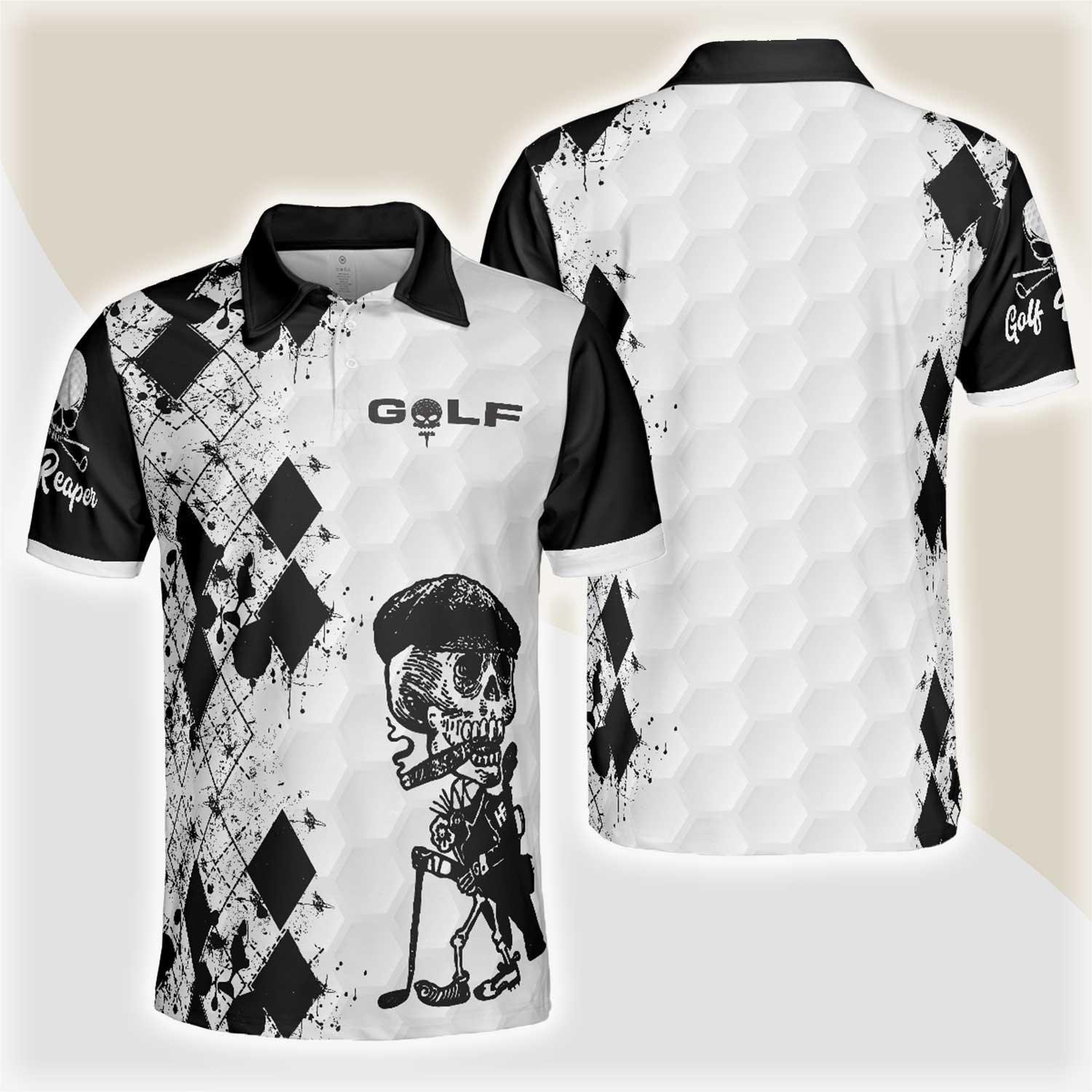 Custom Golf Men Polo Shirt - Skull Golf Reaper Polo Shirt, Black And White Argyle Pattern Polo Shirt, Best Golf Shirt For Men - Perfect Gift For Men, Golfers - Amzanimalsgift