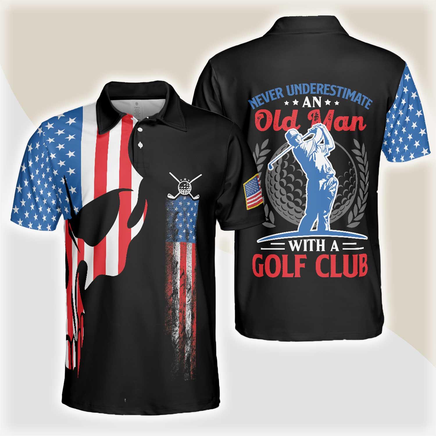 Custom Golf Men Polo Shirt - Skull Golf With American Flag Polo Shirt, Never Underate An Old Man Golfer Polo Shirt - Perfect Gift For Men, Golfers - Amzanimalsgift