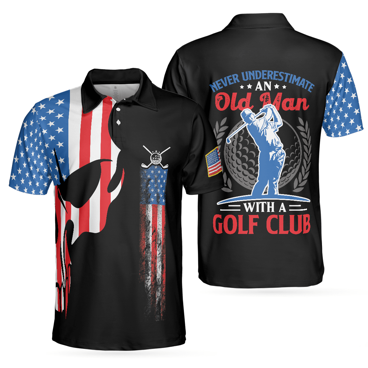 Custom Golf Men Polo Shirt - Skull Golf With American Flag Polo Shirt, Never Underate An Old Man Golfer Polo Shirt - Perfect Gift For Men, Golfers - Amzanimalsgift