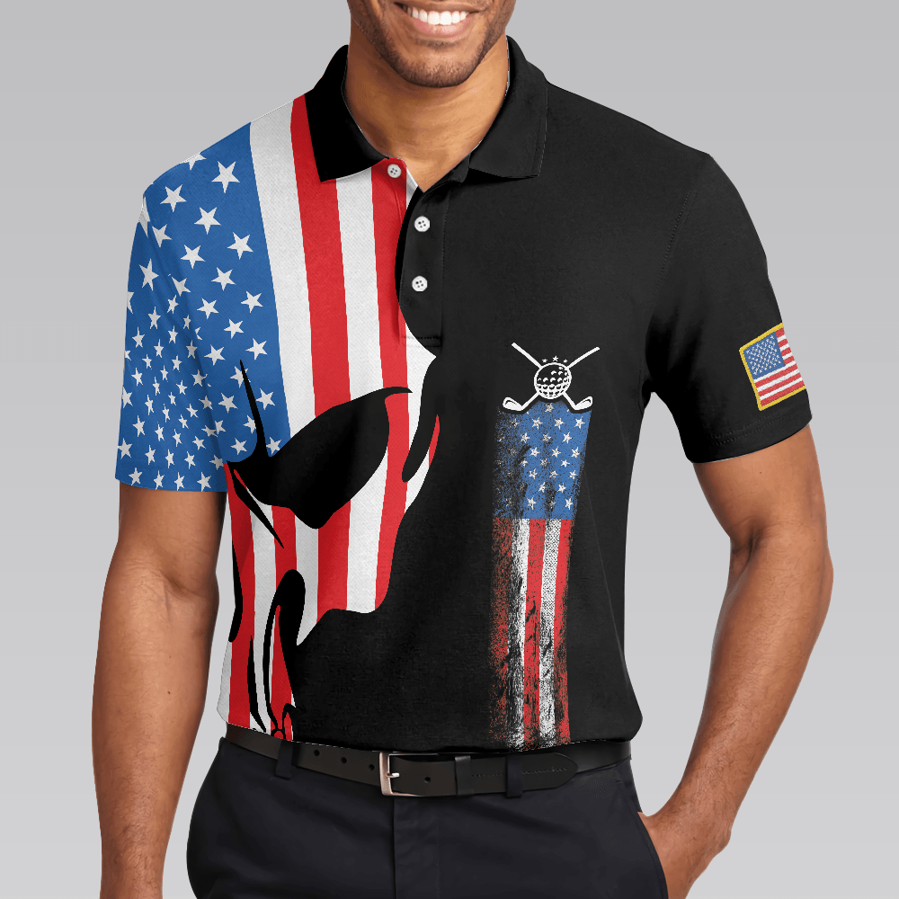 Custom Golf Men Polo Shirt - Skull Golf With American Flag Polo Shirt, Never Underate An Old Man Golfer Polo Shirt - Perfect Gift For Men, Golfers - Amzanimalsgift