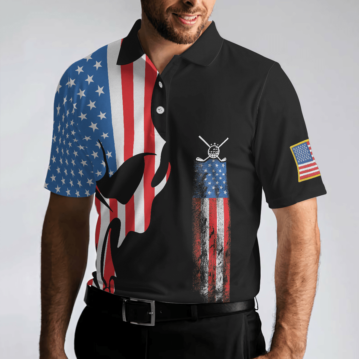 Custom Golf Men Polo Shirt - Skull Golf With American Flag Polo Shirt, Never Underate An Old Man Golfer Polo Shirt - Perfect Gift For Men, Golfers - Amzanimalsgift