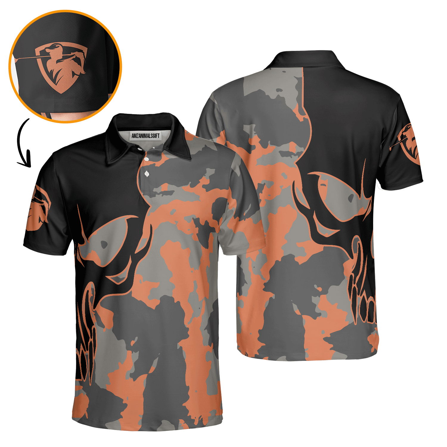 Custom Golf Men Polo Shirt - Skull Orange Camouflage Golf Polo Shirt, Streetwear Camo Golf Shirt For Men, Best Polo Shirt For Men, Golfers - Amzanimalsgift