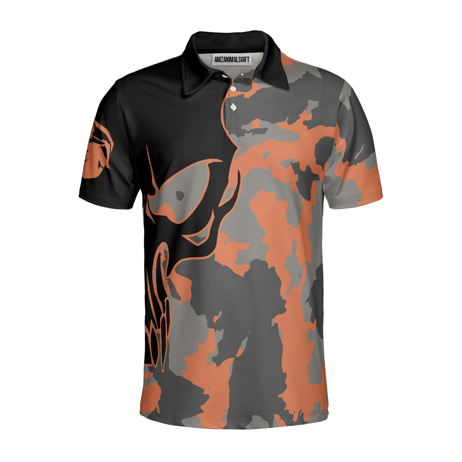 Custom Golf Men Polo Shirt - Skull Orange Camouflage Golf Polo Shirt, Streetwear Camo Golf Shirt For Men, Best Polo Shirt For Men, Golfers - Amzanimalsgift