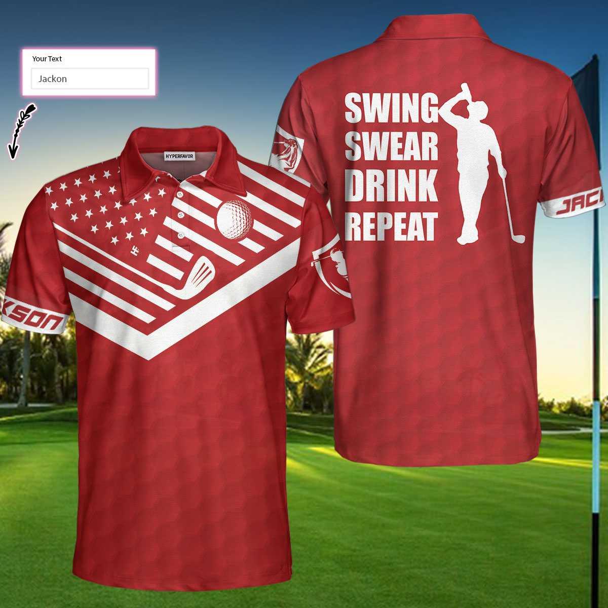 Custom Golf Men Polo Shirt - Swing Swear Drink Repeat Sunday Red Men Golf Polo Shirt - Perfect Polo Shirt For Men, Golfers - Amzanimalsgift