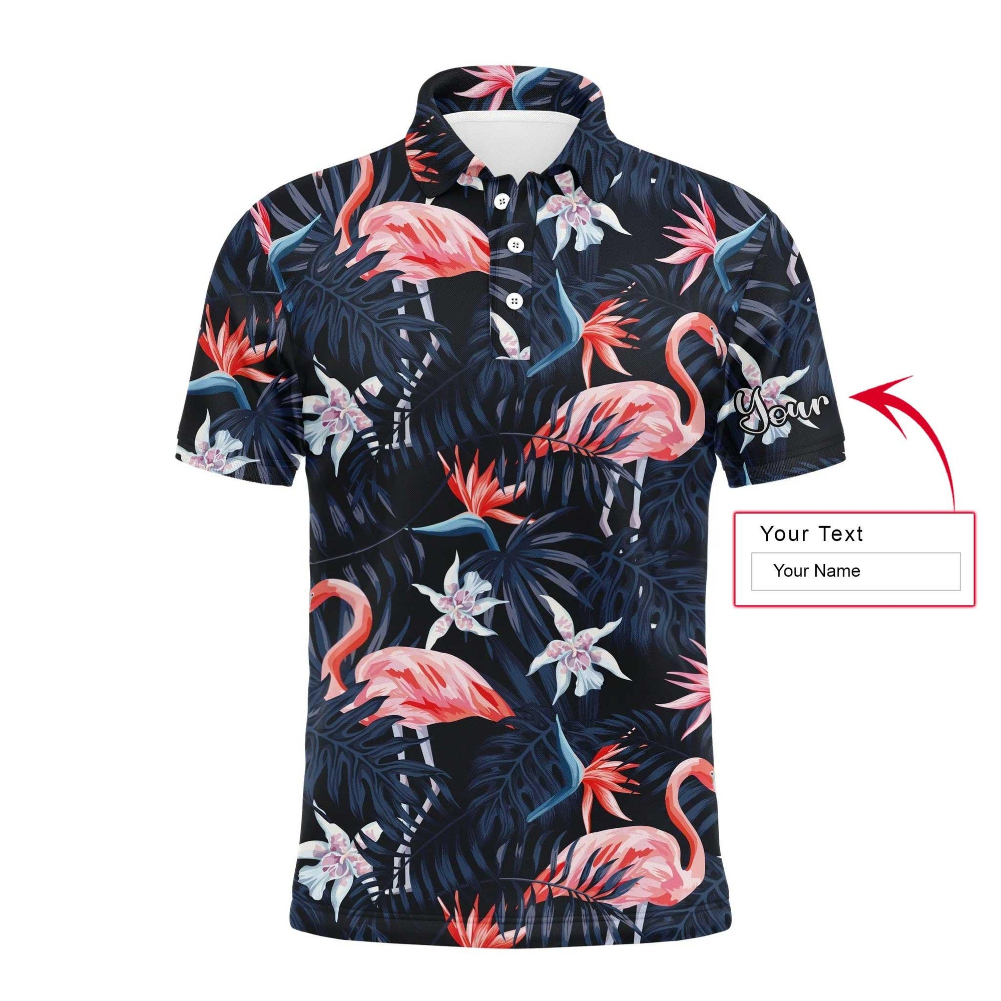 Custom Golf Men Polo Shirt - Tropical Birds Pink Flamingo Dark Blue Palm Leaves Custom Name Apparel - Personalized Gift For Golf Lover, Team, Golfer - Amzanimalsgift