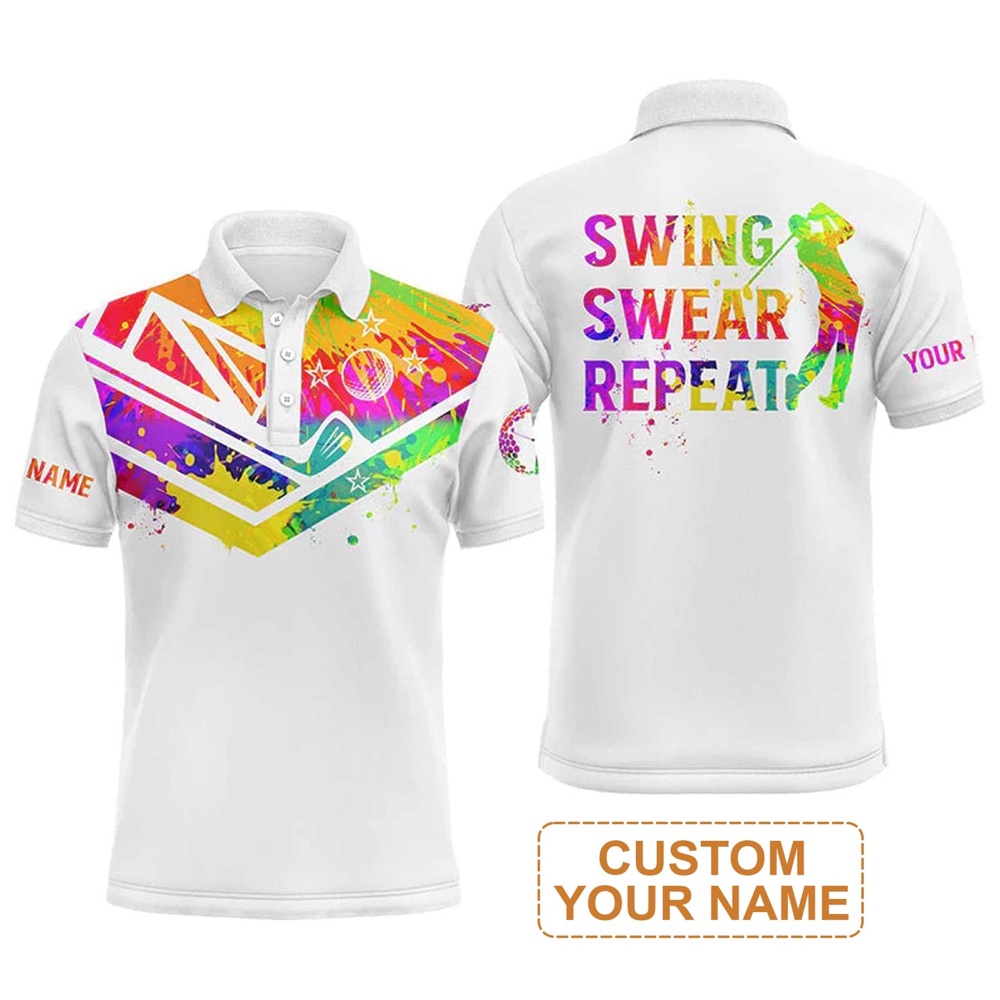 Custom Golf T-Shirt - Watercolor New Zealand Flag Custom Name White Apparel, Swing Swear Repeat T-Shirt - Perfect Shirt For Men