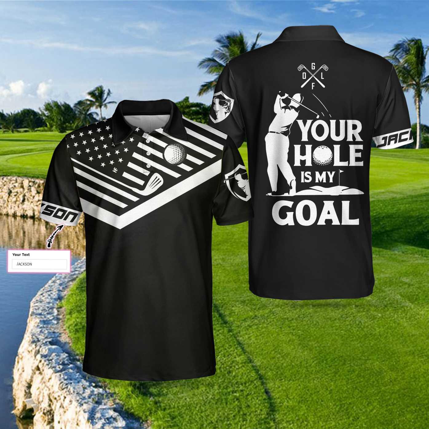 Custom Golf Men Polo Shirts - Your Hole Is My Goal Custom Name Polo Shirt, Personalized Black American Flag Golf Shirt - Perfect Gift For Men, Golfers - Amzanimalsgift