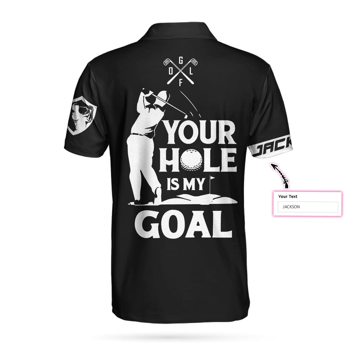 Custom Golf Men Polo Shirts - Your Hole Is My Goal Custom Name Polo Shirt, Personalized Black American Flag Golf Shirt - Perfect Gift For Men, Golfers - Amzanimalsgift