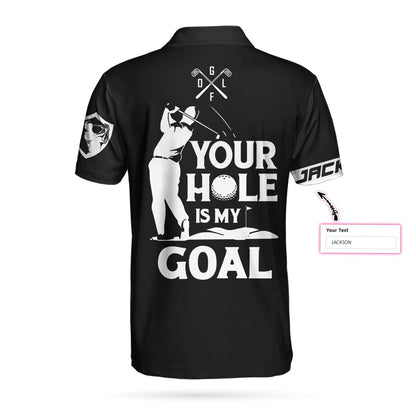 Custom Golf Men Polo Shirts - Your Hole Is My Goal Custom Name Polo Shirt, Personalized Black American Flag Golf Shirt - Perfect Gift For Men, Golfers - Amzanimalsgift