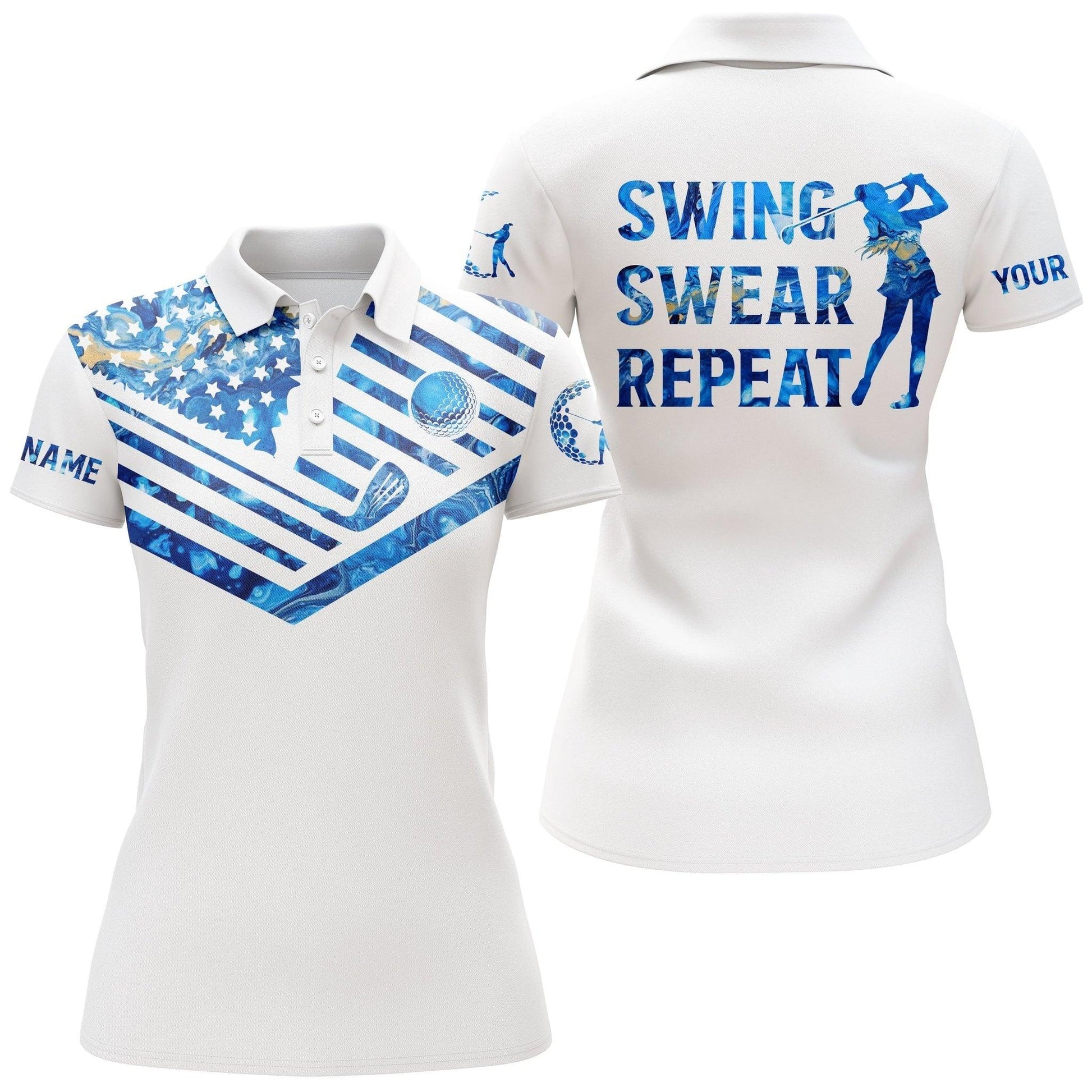 Custom Golf Women Polo Shirt - Women Golf Polo Shirt Blue Pattern American Flag Custom Name Swing Swear Repeat - Perfect Polo Shirt For Womens - Amzanimalsgift