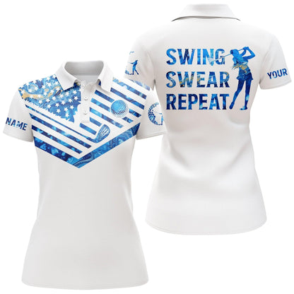 Custom Golf Women Polo Shirt - Women Golf Polo Shirt Blue Pattern American Flag Custom Name Swing Swear Repeat - Perfect Polo Shirt For Womens - Amzanimalsgift