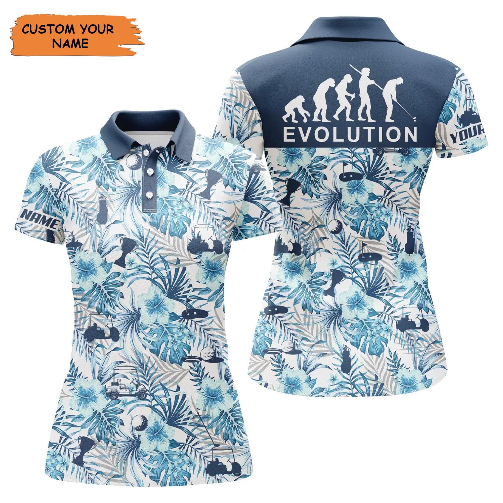 Custom Golf Women Polo Shirt - Women Golf Polo Shirt Blue Tropical Plant Pattern Golf Shirts Custom Evolution Golf Gift - Perfect Polo Shirt For Women - Amzanimalsgift